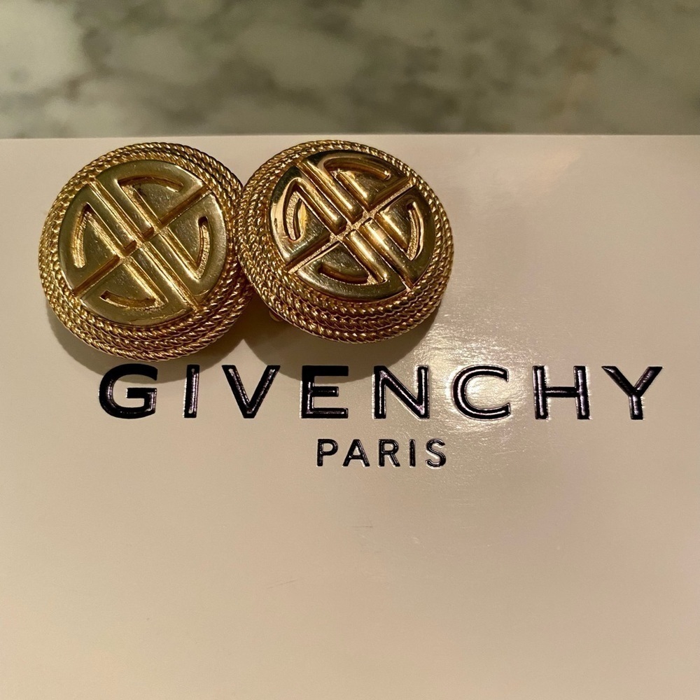 Givenchy Vintage 90s Logo Gold Disc Clip Earrings